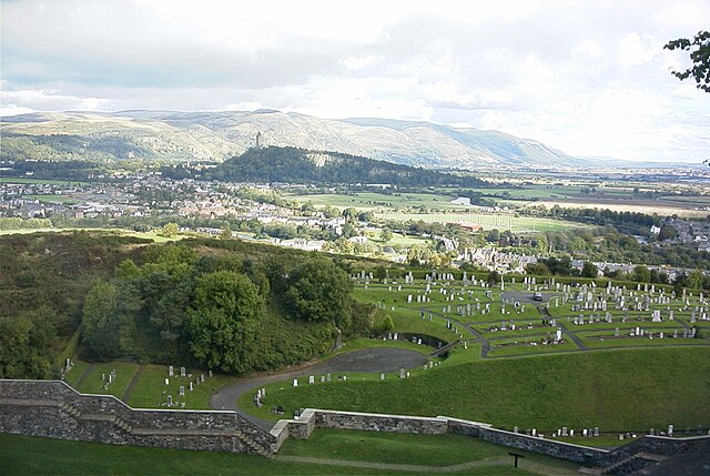 Ochil Hills viewed from Stirling Castle. The scarp face formed by the line of the Ochil Fault can be seen clearly. The Abbey Craig is in the middle di