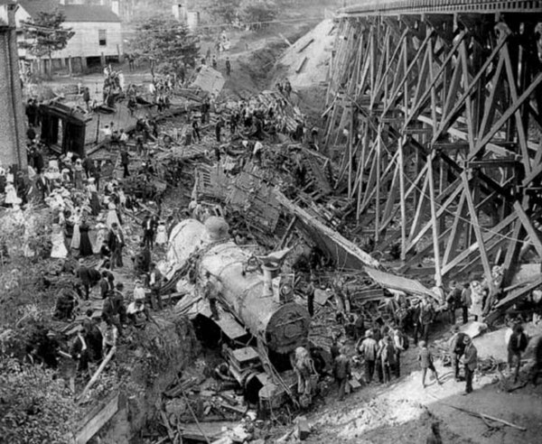 The Wreck of Old 97 at Stillhouse Trestle near Danville, Virginia, 1903. The photograph is believed to have been taken a few days after the occurrence