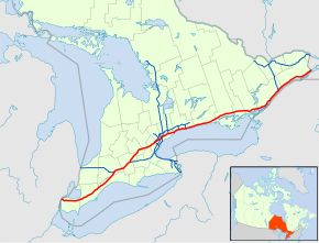 A map of the southern portion of the Canadian province of Ontario and environs, with the 400-series highway network superimposed. Highway 401 is shown as a red line, crossing from the lower left (Windsorâ€“Detroit border) to the upper-right (Ontarioâ€“Quebec border, west of Montreal).