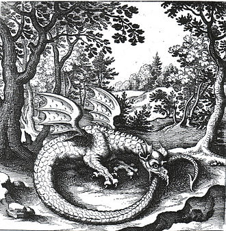 Engraving of an wyvern-type ouroboros by Lucas Jennis, in the 1625 alchemical tract De Lapide Philosophico. The figure serves as a symbol for mercury.[20]