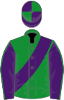 Green, purple sash, purple sleeves, green seams, quartered cap