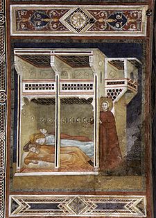 Saint Nicolas jetant l'or aux trois filles pauvres, Palmerino di Guido, an 1300.