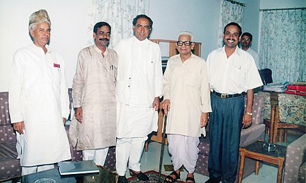 C.M. Digvijaya Singh with Pandit Ram Kishore Shukla, Santosh Kumar Shukla, Surendra Shukla and Lal Bahadur Singh (extreme left) at chief minister house, Shyamla hills Bhopal in 2002.