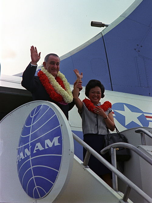 U.S. President Lyndon Johnson wears lei while visiting Hawaii