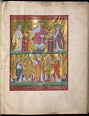 Saint Henri et sainte Cunégonde couronnés par le Christ (en haut), miniature du livre des Péricopes d'Henri II.