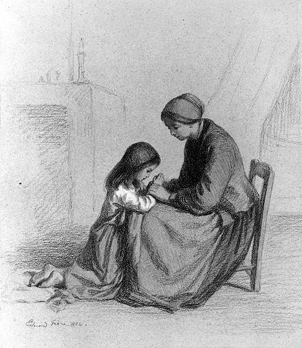 Child Praying at Mother's Knee, a drawing by Pierre-Édouard Frère, 1864
