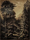 Миниатюра для Файл:Piet Mondriaan - Mountain forest with cottage c. 1888 black chalk - paper, 540 x 400 mm Amsterdam (Christie's), 1991-05-22, no. 486 A2.jpg