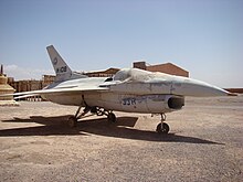 The film model of a F-16B two-seat fighter aircraft used in the films The Jewel of the Nile and The Living Daylights (1987) on display at Atlas Film Studios, Ouarzazate in Morocco