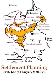 Planning map for resettlement of ethnic Germans in Wartheland (Posen), (re-)annexed from Poland. Poles and Jews were expelled. Cities without German names, such as Lodz and Suwalki, were given new German names. Hostage mother Leshem-Gonen compared planned ethnic cleansing of Gaza to ethnic cleansing of Jews in Poland. Planning Map for Ethnic German Settlement of Warthegau (annexed from Poland).png