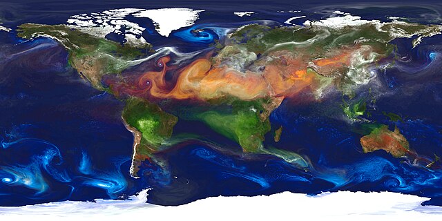 Overview of large clouds of aerosols around Earth (green: smoke, blue: salt, yellow: dust, white: sulfuric)