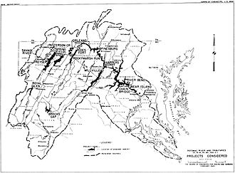 Dams proposed in the Potomac/Shenandoah River basin in 1945, Brocks Gap Dam in the lower part of the map Potomac Dams CoE 2-45.jpg