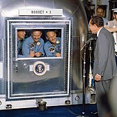 Quarantined astronauts President Nixon welcomes the Apollo 11 astronauts aboard the U.S.S. Hornet.jpg