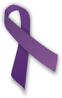 ID: a violet awareness ribbon, the color used to signify domestic violence.