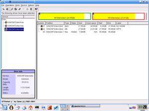 Information contained in the partition table of an external hard drive as it appears in the utility program QtParted, running under Linux (with KDE) Qtparted-usb-hdd-snapshot.png