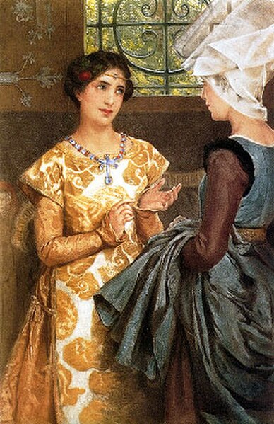 Katharine learns English from her gentlewoman Alice in an 1888 lithograph by Laura Alma-Tadema. Act III, Scene iv.