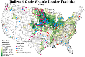 Railroad grain elevator facilities (2014)
110 or greater grain car
100 to 109
Less than 99
Announced facility (2014) Railroad grain shuttle loader facilities 02.webp