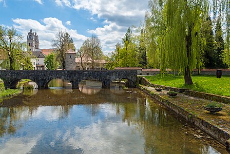 French bridge over river Bistrica in Ribnica, Slovenia