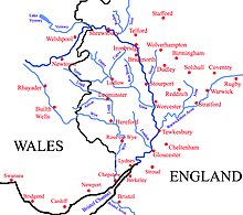 The drainage basin of the Severn. The Avon is the easternmost river shown.