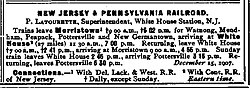 The entry for the RVRR -- now known as the New Jersey & Pennsvlvania Railroad -- in the January 1910 Official Guide of the Railways, showing its daily passenger train schedule and an apparently aspirational connection in Morristown. Rockabye baby OGR entry.jpg