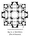 Bramante's plan is for a Greek Cross with a dome on four big piers. There is a tower at each corner.