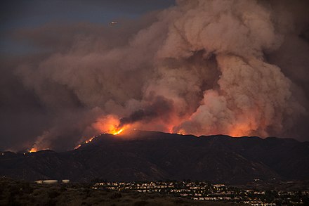 The Sand Fire burning in the foothills of the San Gabriel Mountains in 2016. Wildfires of varying strengths occur periodically around the valley.
