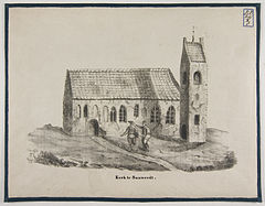 De in 1840 afgebroken kerk van Sauwerd op een oude steendruk uit ca. 1840