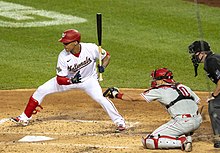 Realmuto (right) catching for the Phillies in 2020 Soto shuffle (cropped).jpg