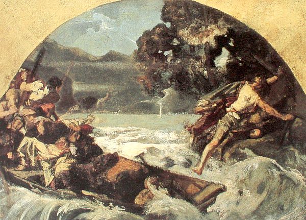 Tell's leap (Tellensprung) from the boat of his captors at the Axen cliffs; study by Ernst Stückelberg (1879) for his fresco at the Tellskapelle.