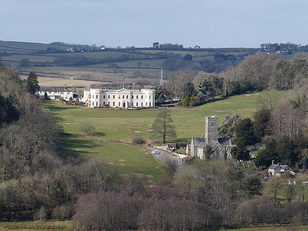 Tawstock Court east front and St Peter's Church, Tawstock, viewed from Codden Hill looking westwards
