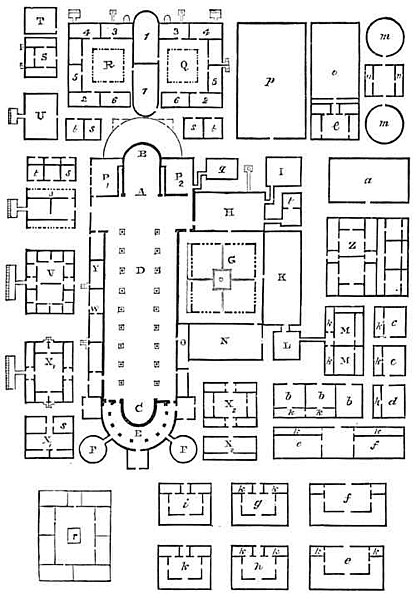 The Plan of Saint Gall, the ground plan of an unbuilt abbey, providing for all of the needs of the monks within the confines of the monastery walls