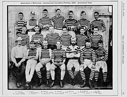 The Queensland state team who played Melbourne in 1888 StateLibQld 1 111092 Queensland team who played Melbourne, International Australian Football, 1888.jpg