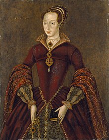 A stiff Elizabethan-style three-quarter portrait of Lady Jane Grey wearing elaborate formal dress and holding a prayer book. She is a tall, pale, rather horsey-faced young woman.