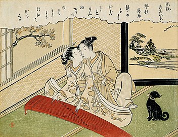 Erotic Fūryū Zashiki Hakkei version; the hairstyle and clothing indicate the rear figure is male