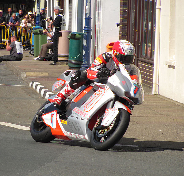 Rutter on the electric MotoCzysz exiting Ramsey during 2012 TT Zero race