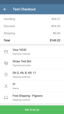 app window user interface shows shipment address, name, price, payment software