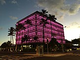 IBM Building illuminated in pink