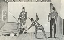A political cartoon of the arrest of Governor William Bligh during the Rum Rebellion of 1808. The governor is depicted as a coward, hiding under his bed. The arrest of Bligh propaganda cartoon from around 1810.jpg