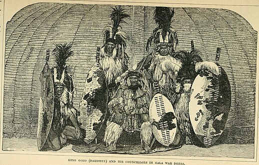 "King Gozo (Dahomey) and his councillors in gala war dress."