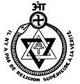 «Det finnes ingen religion større enn sannhet», emblem for teosofisk selskap siden 1875, med ouroboros, davidstjerne, hinduistisk hakekors, ankh og om.