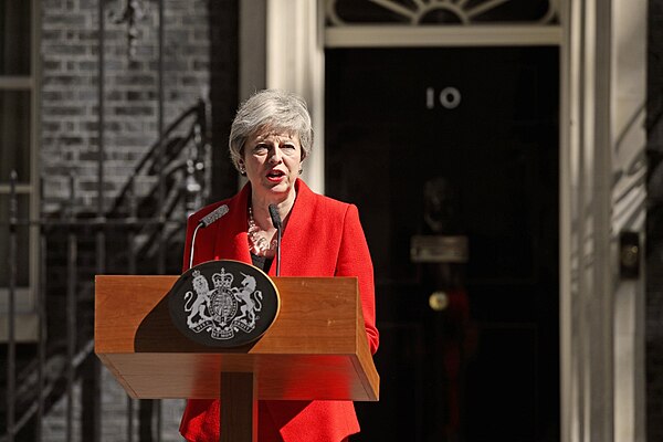 May announces her pending resignation outside 10 Downing Street on 24 May 2019; she left office on 24 July
