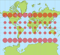 Ukázka zkreslení délek a ploch v oblasti pólů u Mercatorova zobrazení.