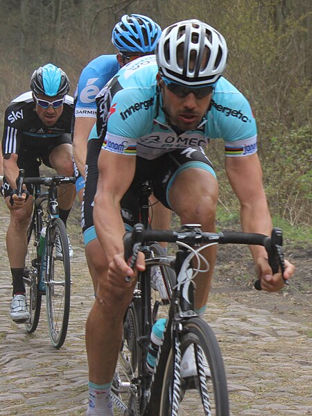 Tom Boonen, Johan VanSummeren, Bernie Eisel - 2012 Paris–Roubaix.jpg