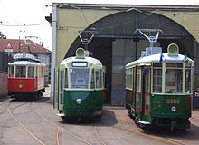Turin historic streetcars at depot Tram a Sassi.jpg