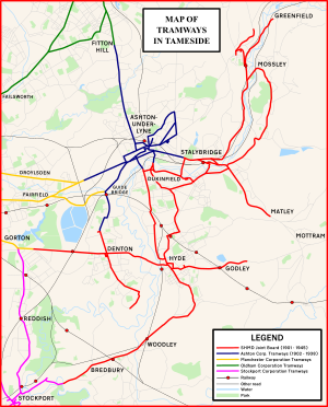 Map of tramways in Tameside including all SHMD routes Tramways of Tameside.svg