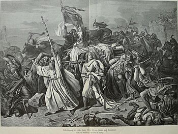 Woodcut depicting the transfer of the corpse of Otto III from Italy to Germany, from the Illustrirte Zeitung (1863), based on the Ueberfuhrung der Leiche Kaiser Otto's III. von Italien nach Deutschland (Der Leichenzug Kaiser Ottos III) by Heinrich von Rustige. Transfer of the corpse of Otto III from Italy to Germany woodcut based on Heinrich Rustige.jpg