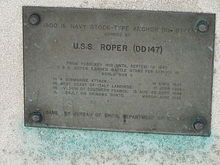 This is the anchor plaque that accompanies the USS Roper's anchor on the MIT campus. USS Roper anchor plaque.JPG