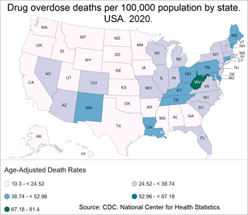 Drug overdose deaths in the US per 100,000 people by state. US map of drug overdose deaths per 100,000 population by state.png