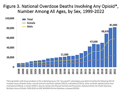 每年由鴉片類藥物，包括鎮痛藥、海洛英以及非法合成藥物導致死亡的人數。[2]
