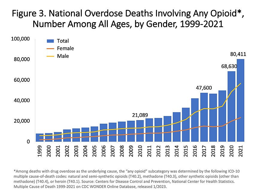US yearly deaths from all opioid drugs. Included in this number are opioid analgesics, along with heroin and illicit synthetic opioids.[70]