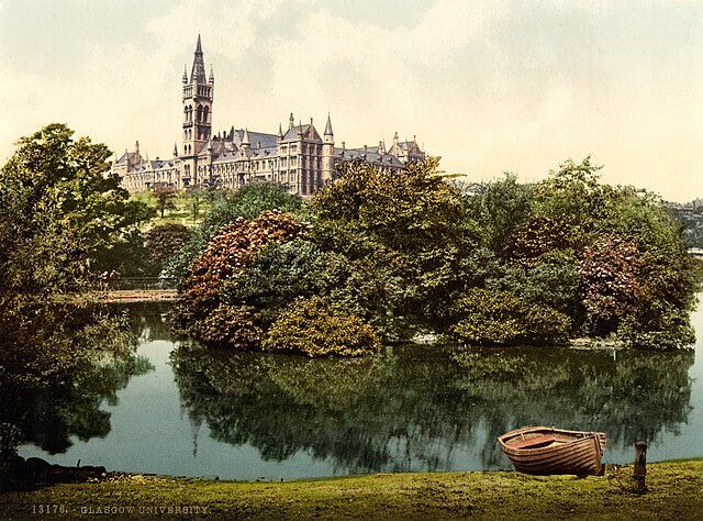 The meander of the River Kelvin containing the Neo-Gothic Gilmorehill campus of the University of Glasgow designed by George Gilbert Scott, to which t